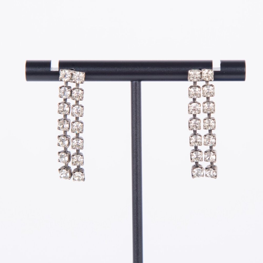 VINTAGE 1980's GLAM ART DECO DOUBLE STRAND HANG RHINESTONE EARRINGS